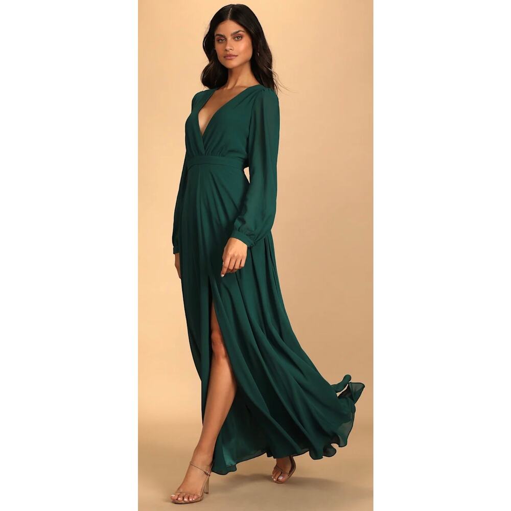 Lulu’s Adoring You Hunter Green Long Sleeve Maxi Dress M NWT